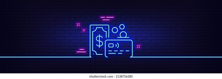 Efecto luminoso neón. Icono de línea de tarjeta de crédito. Signo de pago de dinero bancario. Símbolo de pago de monedas no monetarias. Icono de resplandor de neón de 3d línea. Banner de pared de ladrillo. Esquema de la tarjeta. Vector