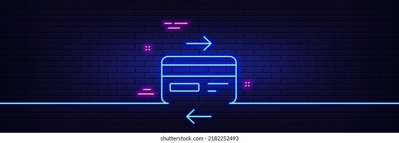 Neon light glow effect. Credit card line icon. Bank payment method sign. Online Shopping symbol. 3d line neon glow icon. Brick wall banner. Credit card outline. Vector