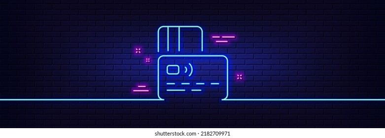 Neon light glow effect. Credit card line icon. Bank money payment sign. Non-cash pay symbol. 3d line neon glow icon. Brick wall banner. Card outline. Vector