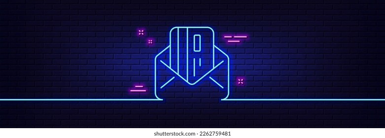 Neon light glow effect. Credit card by mail line icon. Payment sign. Finance symbol. 3d line neon glow icon. Brick wall banner. Credit card outline. Vector