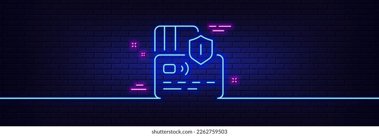 Neon light glow effect. Credit card line icon. Bank money payment sign. Shield protection symbol. 3d line neon glow icon. Brick wall banner. Card outline. Vector