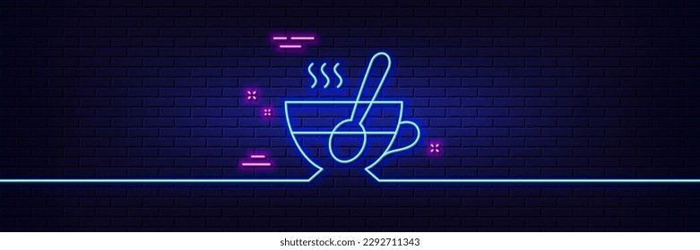 Neon light glow effect. Cup with spoon line icon. Fresh beverage sign. Latte or Coffee symbol. 3d line neon glow icon. Brick wall banner. Tea cup outline. Vector