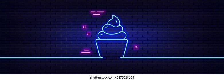 Neon light glow effect. Cupcake line icon. Dessert food sign. Cake with cream symbol. 3d line neon glow icon. Brick wall banner. Cupcake outline. Vector