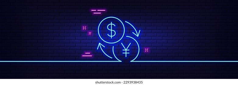 Neon light glow effect. Currency exchange line icon. Dollar to Yen money sign. Convert currency symbol. 3d line neon glow icon. Brick wall banner. Currency exchange outline. Vector