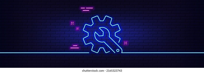 Neon light glow effect. Customisation line icon. Settings or editing sign. Repair symbol. 3d line neon glow icon. Brick wall banner. Customisation outline. Vector