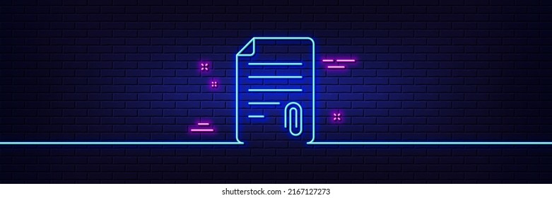 Neon light glow effect. CV attachment line icon. Document file symbol. 3d line neon glow icon. Brick wall banner. Attachment outline. Vector