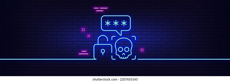 Neon Light Glow Effect. Cyber Attack Line Icon. Ransomware Threat Sign. Password Cracking Symbol. 3d Line Neon Glow Icon. Brick Wall Banner. Cyber Attack Outline. Vector