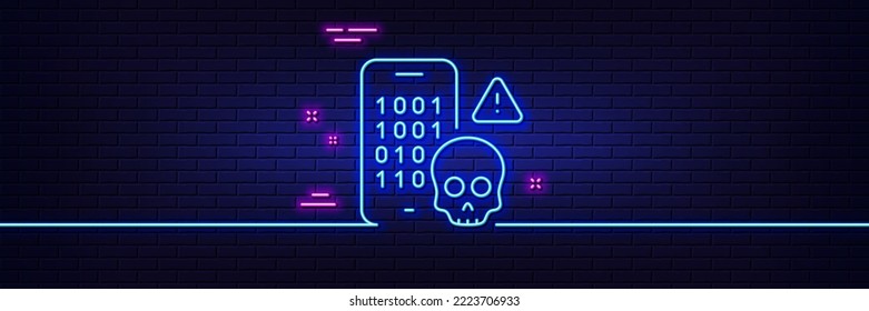 Efecto luminoso neón. Icono de la línea de ataque cibernético. Signo de amenaza de Ransomware. Símbolo de hackeo telefónico. Icono de resplandor de neón de 3d línea. Banner de pared de ladrillo. Esquema de ciberataques. Vector