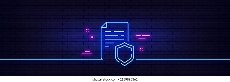 Neon light glow effect. Data security line icon. Privacy document sign. Defense shield symbol. 3d line neon glow icon. Brick wall banner. Data security outline. Vector