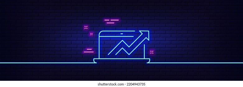 Neon light glow effect. Data Analysis and Statistics line icon. Report graph or Chart sign. Computer data processing symbol. 3d line neon glow icon. Brick wall banner. Sales diagram outline. Vector