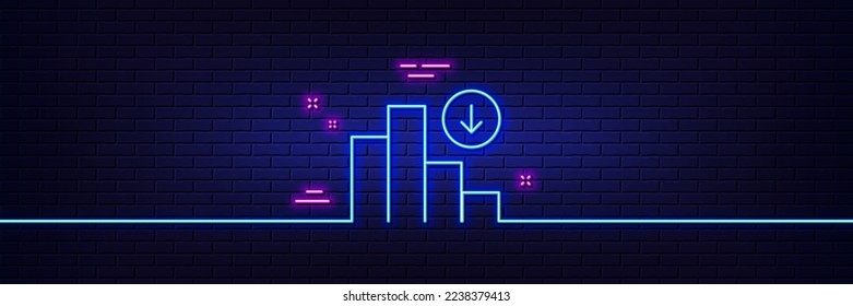 Neon light glow effect. Decreasing graph line icon. Column chart sign. Crisis diagram symbol. 3d line neon glow icon. Brick wall banner. Decreasing graph outline. Vector