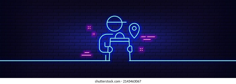 Neon light glow effect. Delivery man line icon. Courier location sign. Order delivery symbol. 3d line neon glow icon. Brick wall banner. Delivery man outline. Vector