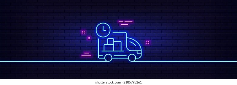 Neon Light Glow Effect. Delivery Line Icon. Truck Service Sign. Express Shipment Symbol. 3d Line Neon Glow Icon. Brick Wall Banner. Delivery Outline. Vector