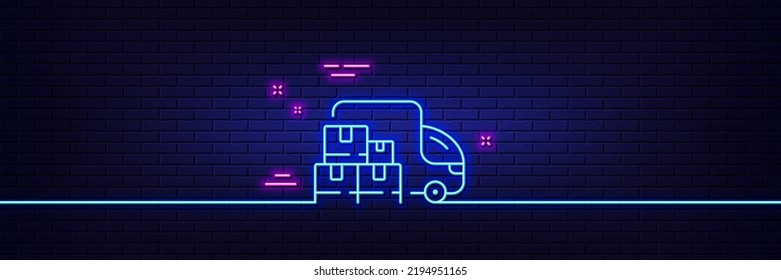 Neon light glow effect. Delivery truck line icon. Warehouse boxes sign. Wholesale goods symbol. 3d line neon glow icon. Brick wall banner. Delivery truck outline. Vector