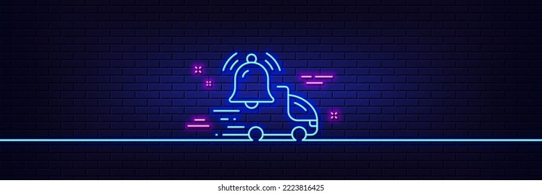 Neon light glow effect. Delivery notification line icon. Alarm bell reminder sign. Truck alert symbol. 3d line neon glow icon. Brick wall banner. Delivery notification outline. Vector