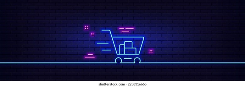 Neon light glow effect. Delivery Service line icon. Shopping cart sign. Express Online buying. Supermarket basket symbol. 3d line neon glow icon. Brick wall banner. Shopping cart outline. Vector