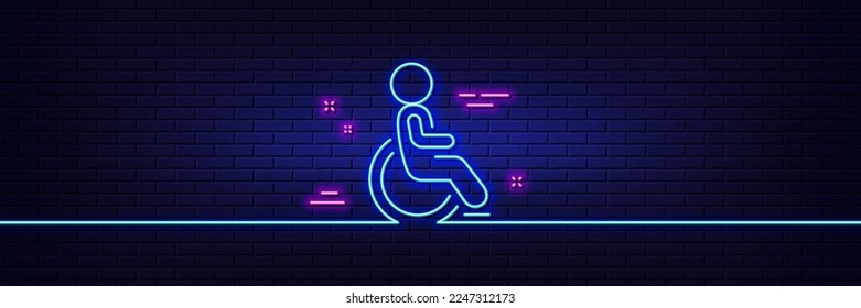 Neon light glow effect. Disability person line icon. Wheelchair user sign. Person transportation symbol. 3d line neon glow icon. Brick wall banner. Disability outline. Vector