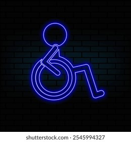 Efecto de brillo de luz de neón. Icono de línea de persona con discapacidad. Signo de usuario de silla de ruedas. Símbolo de transporte de la persona. Icono del resplandor de neón de la línea 3D. Anuncio de pared de ladrillo. Esquema de discapacidad. Vector.