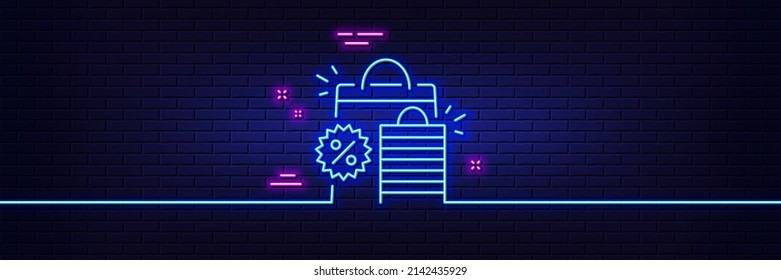 Neon light glow effect. Discount line icon. Sale shopping bags sign. Clearance symbol. 3d line neon glow icon. Brick wall banner. Shopping bags outline. Vector