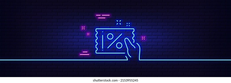 Neon light glow effect. Discount coupon line icon. Sale offer sign. Promotion price symbol. 3d line neon glow icon. Brick wall banner. Discount coupon outline. Vector