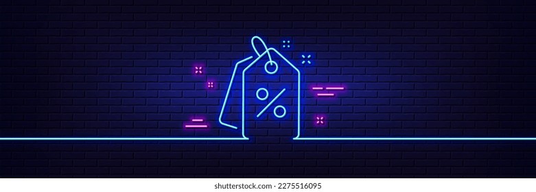 Neon light glow effect. Discount tags line icon. Sale offer sign. Promotion price symbol. 3d line neon glow icon. Brick wall banner. Discount tags outline. Vector