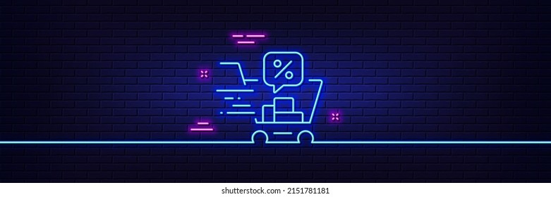 Neon light glow effect. Discounts cart line icon. Sale offer sign. Promotion price symbol. 3d line neon glow icon. Brick wall banner. Discounts cart outline. Vector