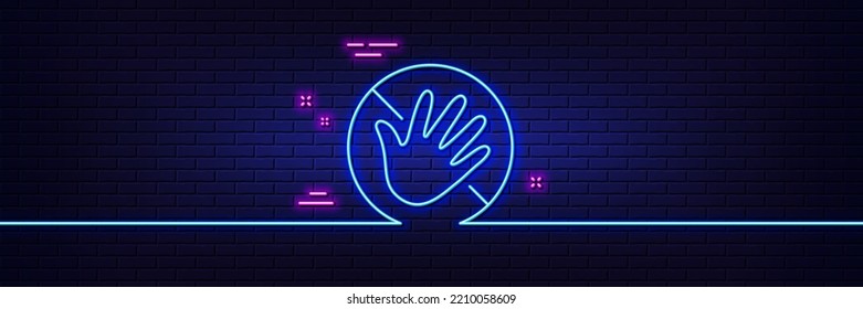 Neon light glow effect. Do not touch hand line icon. Hygiene rules - No touch with bare hand sign. For clean hands symbol. 3d line neon glow icon. Brick wall banner. Do not touch outline. Vector