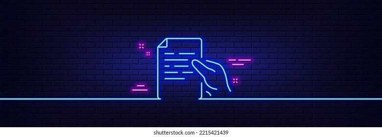 Neon light glow effect. Document line icon. Hold doc file page sign. Office note symbol. 3d line neon glow icon. Brick wall banner. Hold document outline. Vector