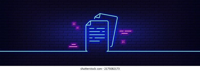 Neon light glow effect. Documents line icon. Doc file page sign. Office note symbol. 3d line neon glow icon. Brick wall banner. Documents outline. Vector