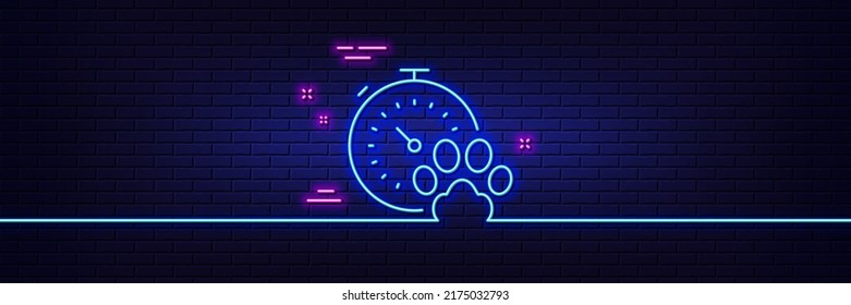 Neon light glow effect. Dog competition line icon. Pets timer sign. Activities results symbol. 3d line neon glow icon. Brick wall banner. Dog competition outline. Vector