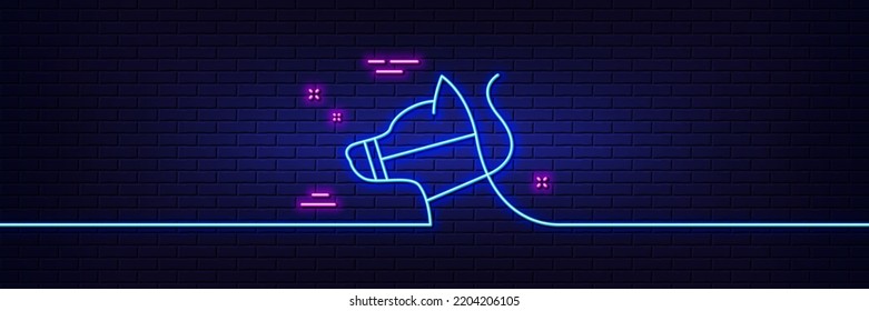 Neon light glow effect. Dog on leash line icon. Pet in muzzle sign. Animal aggression control symbol. 3d line neon glow icon. Brick wall banner. Dog leash outline. Vector