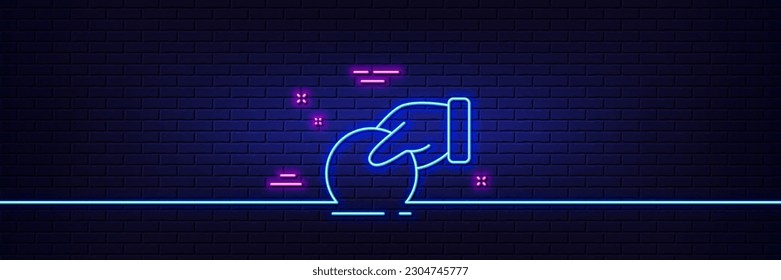 Neon light glow effect. Donate money line icon. Fundraising box sign. Donation coin symbol. 3d line neon glow icon. Brick wall banner. Donate outline. Vector