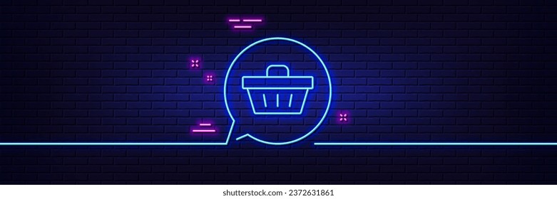 Neon light glow effect. Dreaming of Gift line icon. Present box sign. Birthday Shopping symbol. Package in Gift Wrap. 3d line neon glow icon. Brick wall banner. Shopping cart outline. Vector