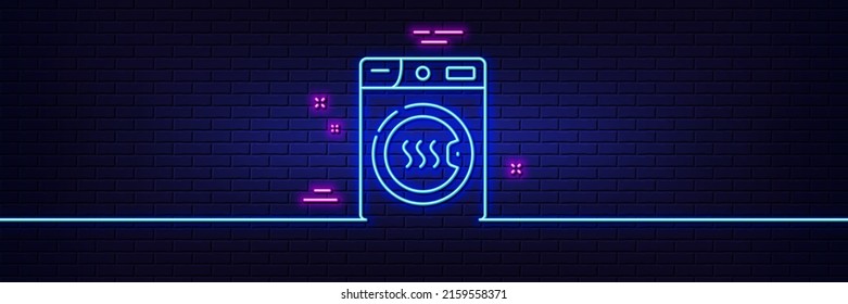Neonhellgrauer Effekt. Symbol für die Maschinenlinie des Trockners. Wäscheservice-Schild. Trockene Kleidung Symbol. 3D-Linie Neonglühsymbol. Brick-Wand-Banner. Umriss der Trockner-Maschine. Vektorgrafik
