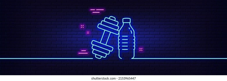 Neon light glow effect. Dumbbell with water bottle line icon. Workout equipment sign. Gym fit symbol. 3d line neon glow icon. Brick wall banner. Dumbbell outline. Vector