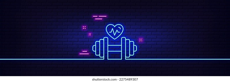 Neon light glow effect. Dumbbell with heartbeat line icon. Workout equipment sign. Cardio Gym fit symbol. 3d line neon glow icon. Brick wall banner. Dumbbell outline. Vector