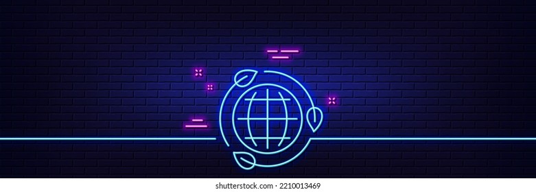 Neon light glow effect. Eco energy line icon. Green world sign. Ecology power symbol. 3d line neon glow icon. Brick wall banner. Eco energy outline. Vector