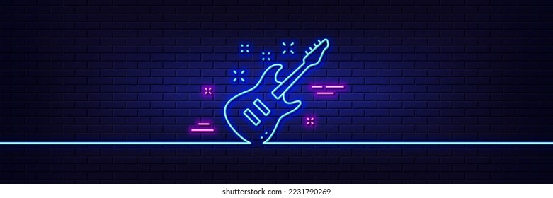 Neon light glow effect. Electric guitar line icon. Music sign. Musical instrument symbol. 3d line neon glow icon. Brick wall banner. Electric Guitar outline. Vector