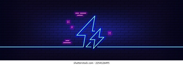 Neon light glow effect. Electricity line icon. Electric power energy type sign. Lightning bolt symbol. 3d line neon glow icon. Brick wall banner. Electricity outline. Vector