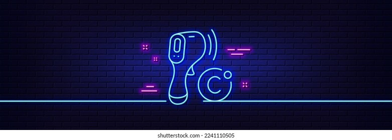 Neon light glow effect. Electronic thermometer line icon. Temperature scanner sign. Fever measuring symbol. 3d line neon glow icon. Brick wall banner. Electronic thermometer outline. Vector