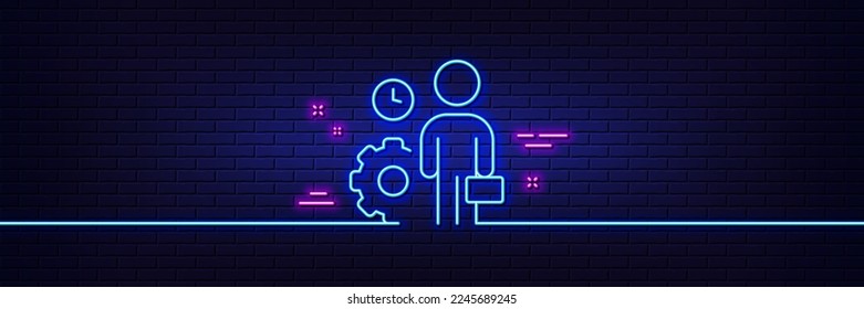 Neon light glow effect. Employee line icon. Work project sign. Job service symbol. 3d line neon glow icon. Brick wall banner. Employee outline. Vector