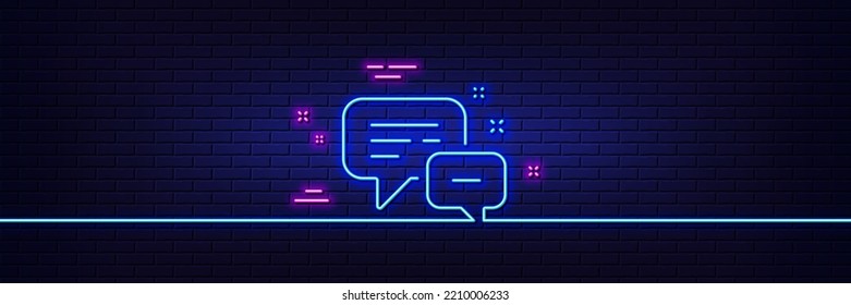 Neon light glow effect. Employees messenger line icon. Speech bubble sign. Chat message symbol. 3d line neon glow icon. Brick wall banner. Employees messenger outline. Vector