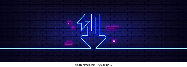 Neon light glow effect. Energy line icon. Thunderbolt sign. Power consumption symbol. 3d line neon glow icon. Brick wall banner. Energy drops outline. Vector