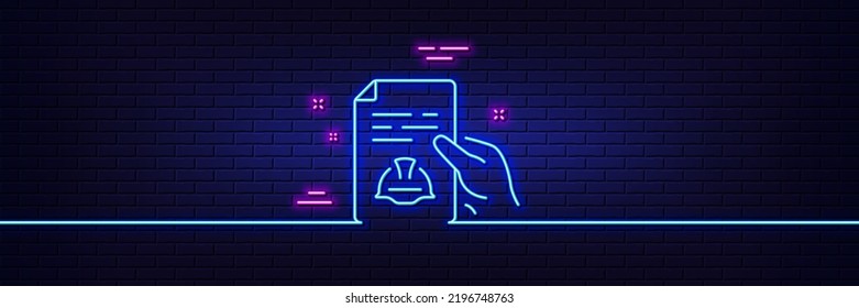 Neon light glow effect. Engineering line icon. Technical documentation sign. Construction helmet symbol. 3d line neon glow icon. Brick wall banner. Technical documentation outline. Vector