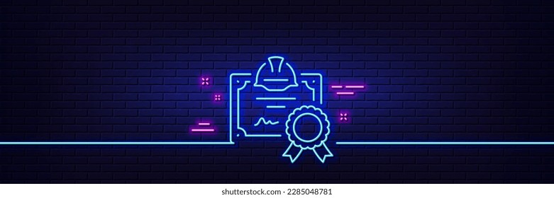 Neon light glow effect. Engineering certificate line icon. Technical documentation sign. Construction award symbol. 3d line neon glow icon. Brick wall banner. Certificate outline. Vector