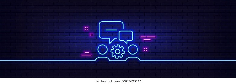 Neon light glow effect. Engineering team line icon. Engineer or architect group sign. Working process symbol. 3d line neon glow icon. Brick wall banner. Engineering team outline. Vector