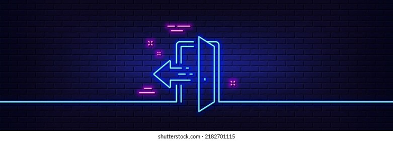 Neon light glow effect. Entrance line icon. Entry door sign. Building exit symbol. 3d line neon glow icon. Brick wall banner. Entrance outline. Vector