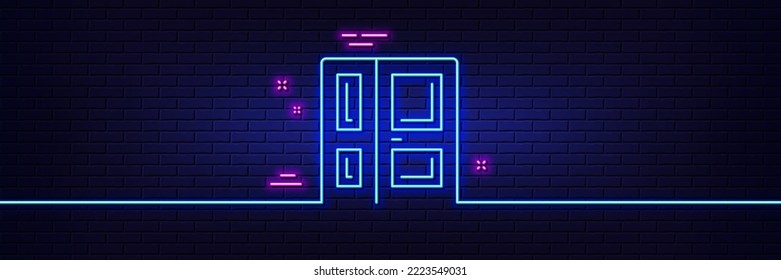 Neon light glow effect. Entrance line icon. Entry door sign. Building exit symbol. 3d line neon glow icon. Brick wall banner. Entrance outline. Vector