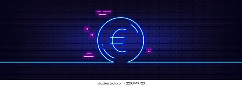 Neon light glow effect. Euro money line icon. Eur currency sign. Cash coin symbol. 3d line neon glow icon. Brick wall banner. Euro money outline. Vector