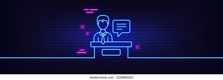 Neon light glow effect. Exhibitors line icon. Information desk sign. 3d line neon glow icon. Brick wall banner. Exhibitors outline. Vector